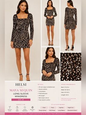 HELSI Maya Sequin Long Sleeve Mini Dress XS Black Bronze Party Cocktail